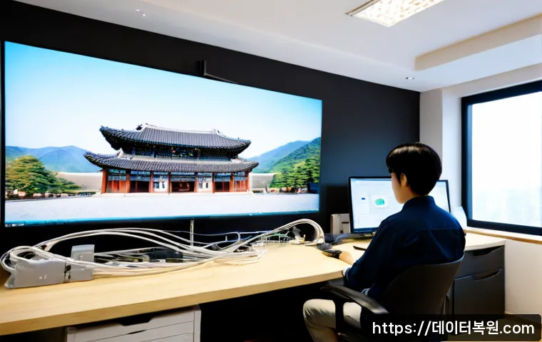 신문로 STATUS_MEMORY_OVERFLOW - Photorealistic software support workstation in a quiet Seomun-ro office, dual monitors showing a den...