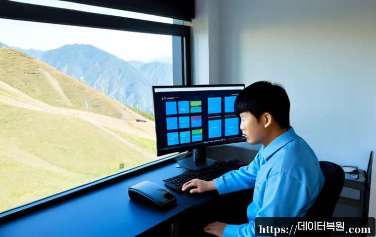 삼각산동 STATUS_KERNEL_STACK_CORRUPTION - Photorealistic IT support workstation in a compact hillside apartment office, dual monitors showing ...