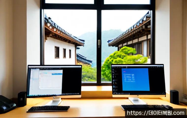 경운동 STATUS_STACK_OVERFLOW - Photorealistic IT support workstation in a compact Gyeongun-dong office, dual monitors showing a non...