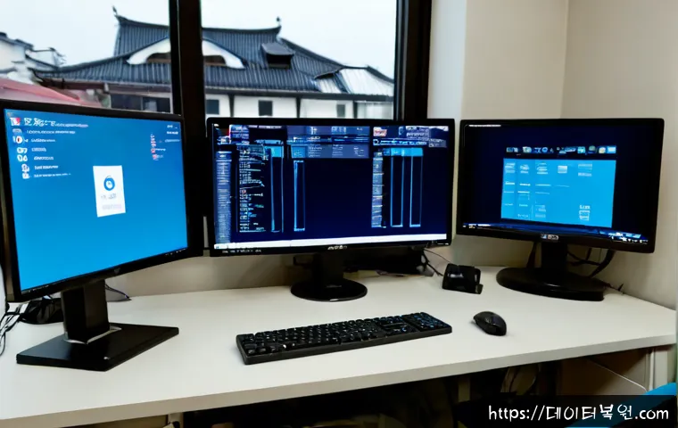 신계동 STATUS_KERNEL_REGISTRY_ERROR - Photorealistic IT support workstation in a compact Korean apartment office, dual monitors showing bl...