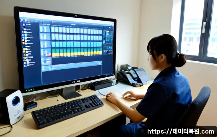 지영동 bootdevice - Photorealistic IT support workstation in a compact Jiyoung-dong office, technician viewing a compute...