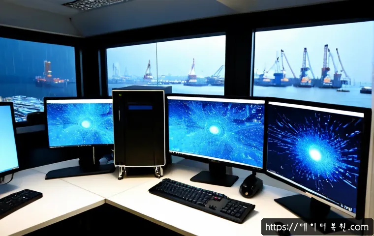 봉래동 STATUS_KERNEL_MODE_EXCEPTION - Photorealistic IT support workstation in a compact Busan harbor-district office, dual monitors showi...