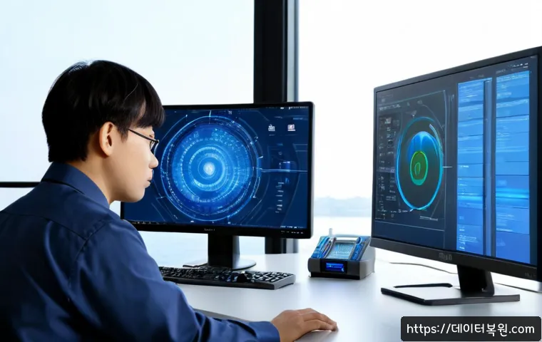 오륜동 STATUS_KERNEL_THREAD_FAILURE - Photorealistic IT support workstation in a modern office near a leafy riverside park district, dual ...