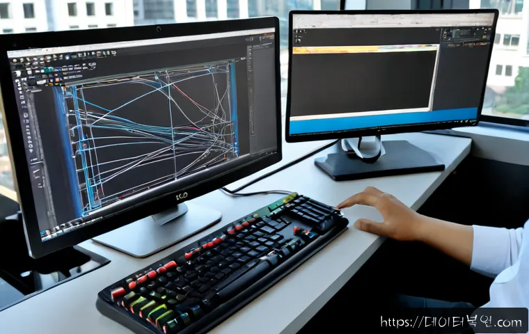 덕은동 STATUS_CONTROL_C_EXIT - Photorealistic software engineer workstation in Deogeun-dong, dual monitors showing abstract CAD wir...