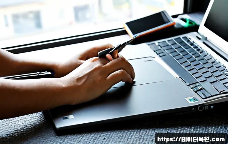 옥길동 맥북에어 판매 및 수리 - Photorealistic laptop repair workstation in a quiet modern residential commercial district, ultra-th...