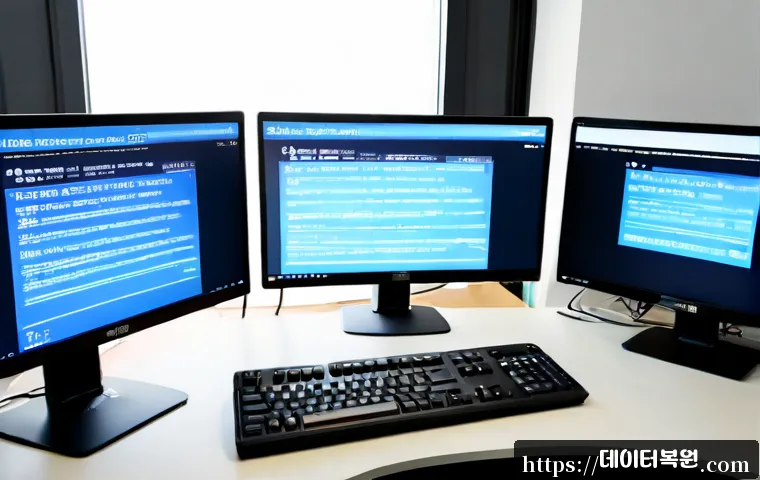 광명시 STATUS_KERNEL_THREAD_FAILURE - Photorealistic IT support workstation in a modern Gwangmyeong apartment office, dual monitors showin...