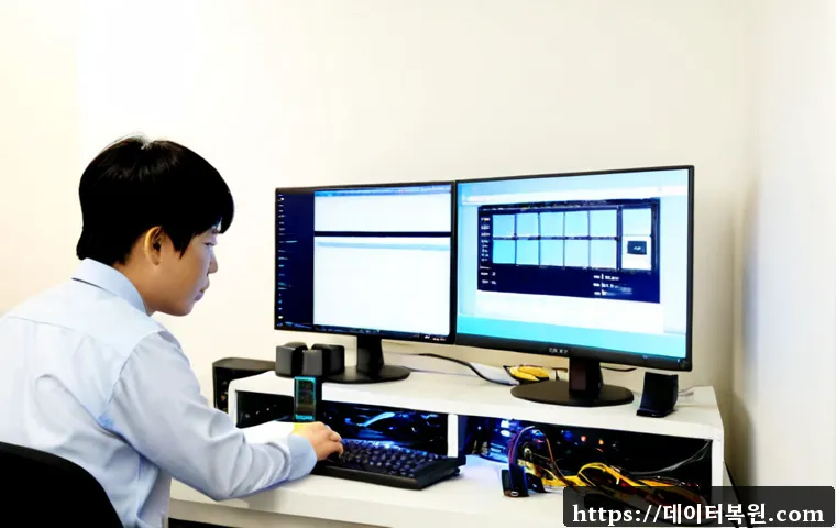 대림동 케이블연결확인 - Photorealistic desktop workstation in a compact Daerim-dong office, technician carefully checking HD...