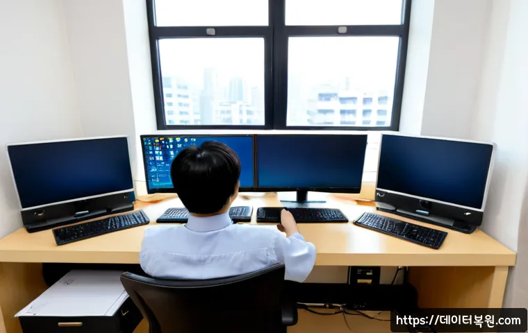 압구정동 나스 nas 설정및수리 - Photorealistic premium office workstation in Apgujeong-dong, technician configuring a compact four-b...
