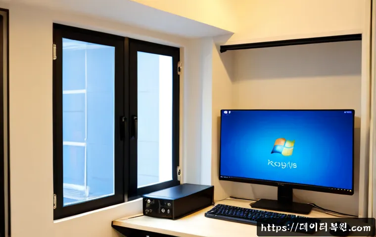 지영동 IO1_INITIALIZATION_FAILED - Photorealistic IT support workstation in a compact residential studio, dual monitors showing a blank...