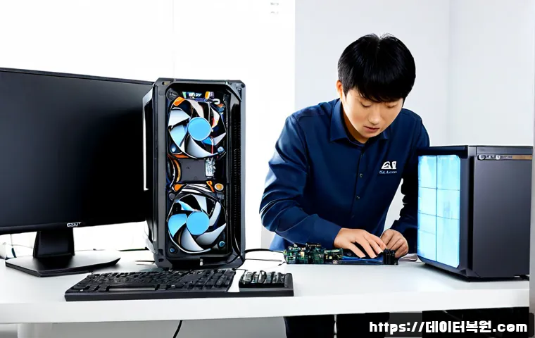 본동 쿨러조립 및 교체수리 - Photorealistic computer repair workstation in a compact Bong-dong office, technician carefully insta...