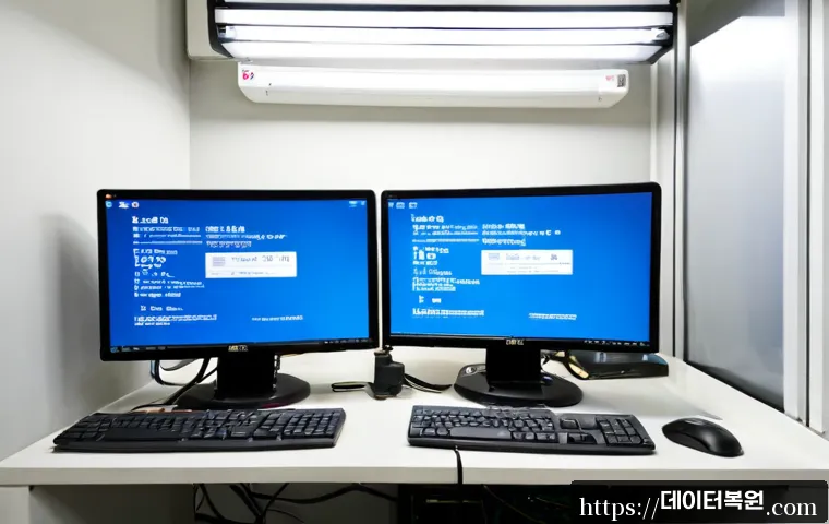 관수동 STATUS_PAGEFILE_MISSING - Photorealistic compact PC repair workstation in an older central Seoul commercial building, dual mon...