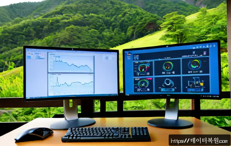 우이동 MACHINE_CHECK_EXCEPTION - Photorealistic IT support workstation in a quiet mountain-edge neighborhood, dual monitors showing a...