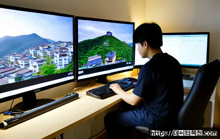 홍은동 부팅안됨 - Photorealistic remote-support workstation in a compact hillside apartment, desktop PC halted on a da...