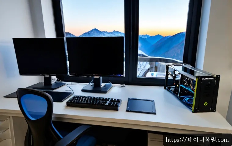 북한동 WHEA_UNCORRECTABLE_ERROR - Photorealistic remote-support workstation in a quiet Bukhan-dong apartment, dual monitors showing a ...