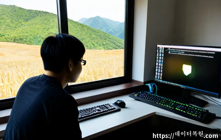 곤지암 VIDEO_TDR_FAILURE - Photorealistic remote-support workstation in Gonjiam, dual monitors showing a blank frozen video-edi...