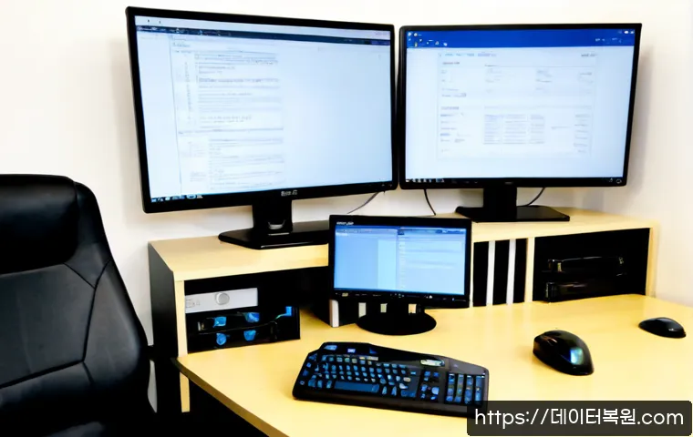 철산동 해놀로지 xpenology 구축 - Photorealistic remote-support workstation in a compact Cheolsan-dong apartment office, dual monitors...