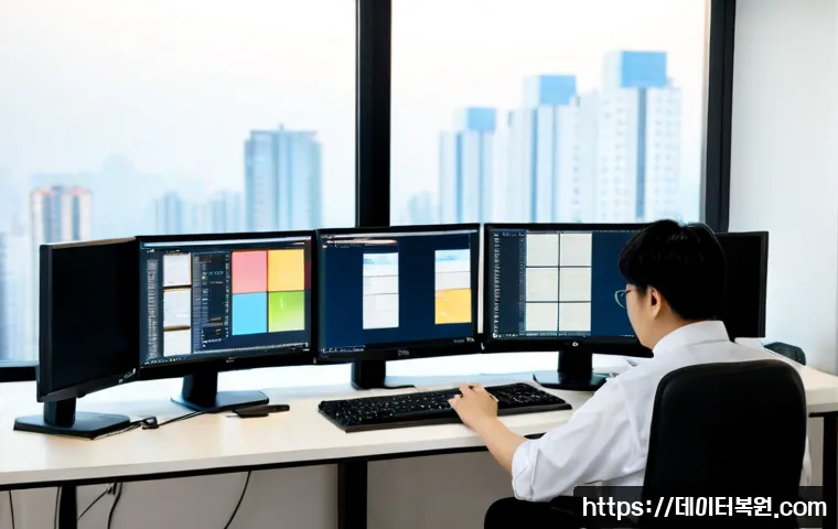 개봉동 POOL_HEADER_CORRUPTION - Photorealistic IT support workstation in a compact apartment office, dual monitors showing a corrupt...