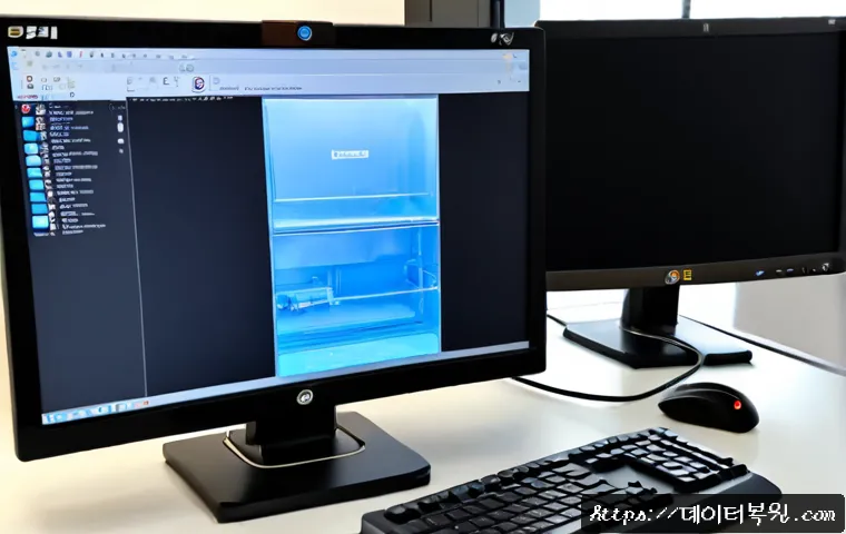 의주로 STATUS_MEMORY_ACCESS_DENIED - Photorealistic remote-support workstation in a compact office near a Korean boulevard, dual monitors...