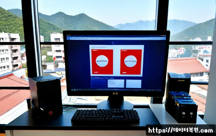 도봉구 STATUS_DISK_WRITE_FAILURE - Photorealistic IT support workstation in a compact Dobong-gu office, dual monitors showing a generic...