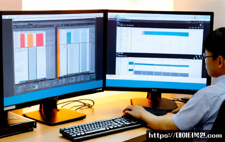 장항동 STATUS_STACK_UNDERFLOW - Photorealistic remote-support workstation in a modern Janghang-dong technology office, dual monitors...
