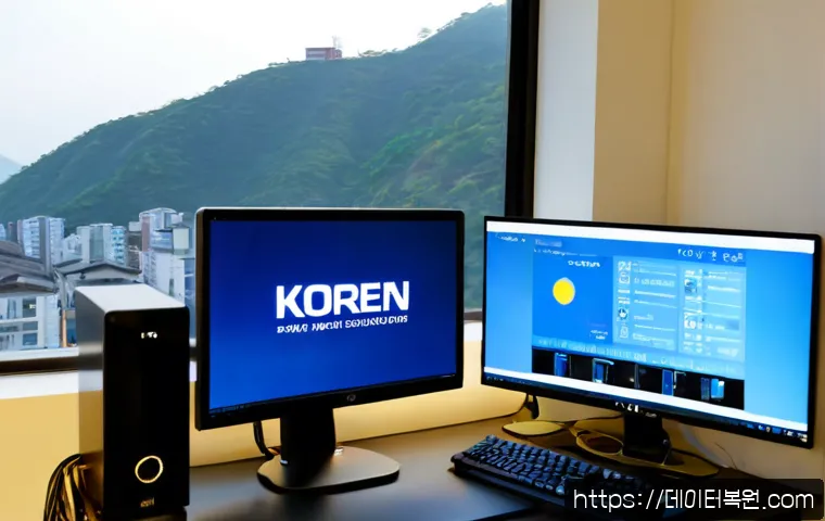 행운동 STATUS_KERNEL_CONFIGURATION_ERROR - Photorealistic IT support workstation in a compact hillside apartment office, dual monitors showing ...