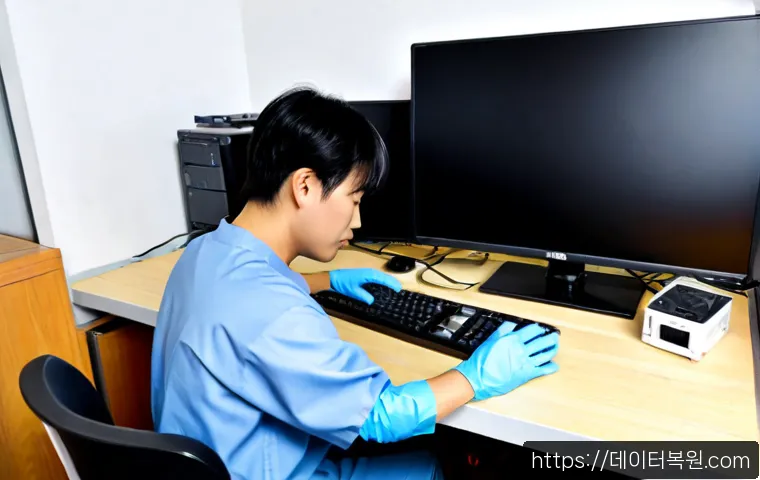 중화동 HDD조립 및 교체수리 - Photorealistic desktop computer repair bench in a compact Jungnang-gu apartment workspace, technicia...