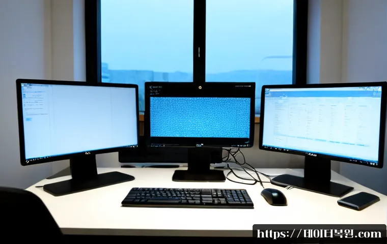 회덕동 절전모드 - Photorealistic quiet office workstation in Hoedeok-dong at dusk, ultrawide monitor showing a dim abs...