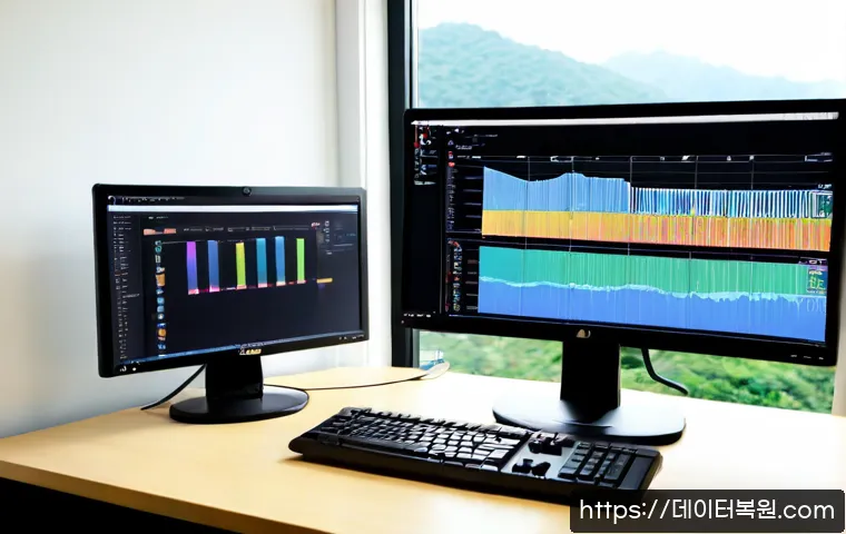 홍제동 MEMORY_MANAGEMENT - Photorealistic software engineer workstation in Hongje-dong, dual monitors showing abstract memory a...