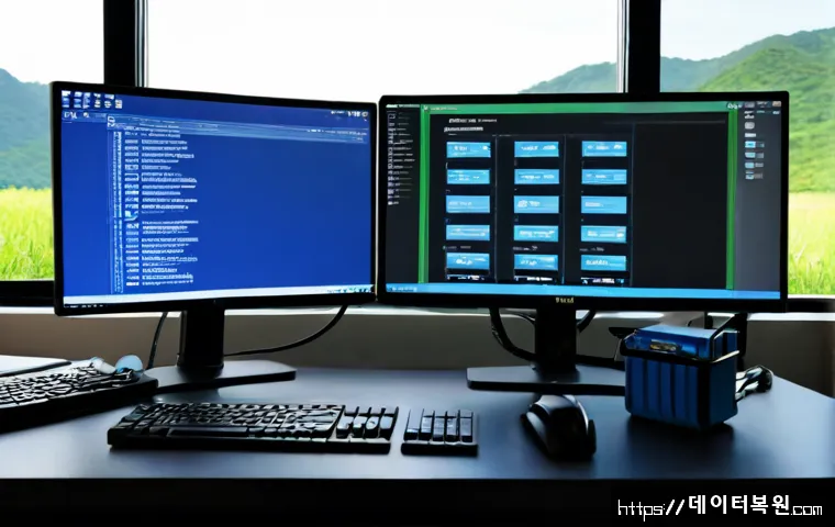 중부면 DRIVER_PORTION_MUST_BE_NONPAGED - Photorealistic IT support workstation in a quiet semi-rural Korean office, dual monitors showing a b...