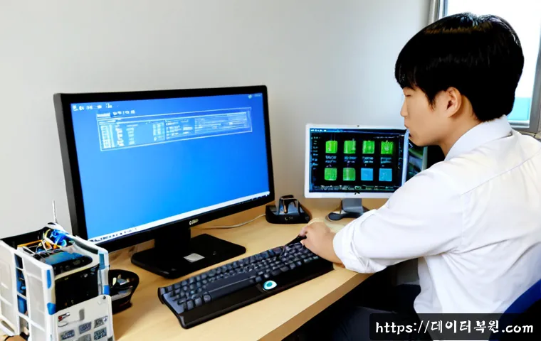 수유동 SYSTEM_THREAD_EXCEPTION_NOT_HANDLED - Photorealistic remote IT support workstation in a compact Suyu-dong apartment office, dual monitors ...