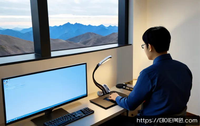 과천동 입력신호가 없습니다 - Photorealistic IT support workstation in a modern Gwacheon apartment office, dual monitors with one ...