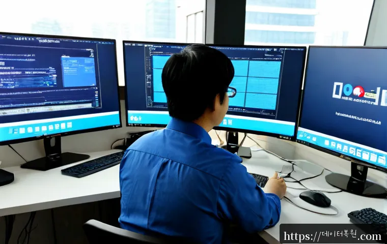 여의도 STATUS_KERNEL_HEAP_CORRUPTION - Photorealistic IT support workstation in a modern Yeouido office tower, desktop monitor showing an a...