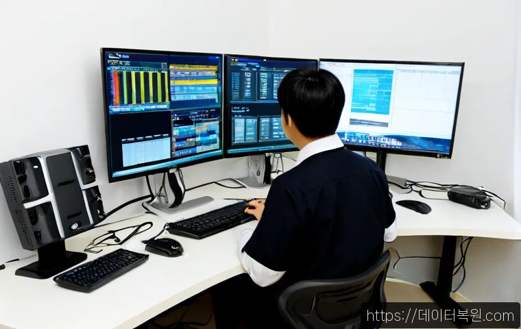 평동 입력신호가 없습니다 - Photorealistic IT support workstation in Pyeong-dong, Gwangju, dual monitors with one screen complet...