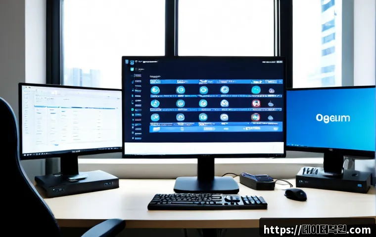 오금동 PAGE_TABLE_CORRUPT - Photorealistic remote IT support workstation in a compact Ogeum-dong apartment office, dual monitors...