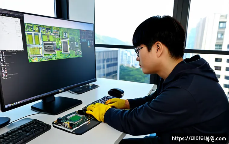 백석동 HARDWARE_FAILURE - Photorealistic IT support workstation in a modern Baekseok-dong office, desktop tower opened beside ...