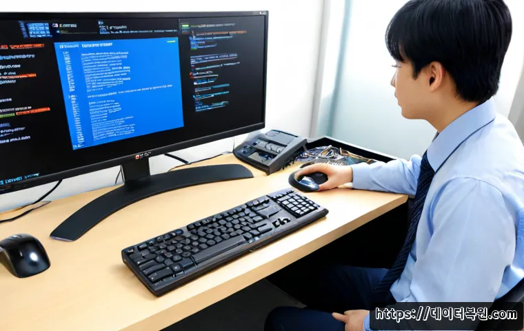 중림동 SYSTEM_THREAD_EXCEPTION_NOT_HANDLED - Photorealistic IT support workstation in a compact Jungnim-dong office, dual monitors showing a clea...