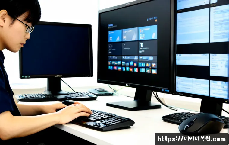 원신동 POOL_CORRUPTION_IN_FILE_AREA - Photorealistic remote-support workstation in a compact Wonshin-dong office, dual monitors showing a ...