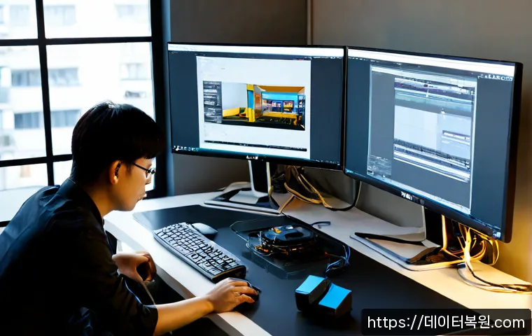 정발산동 STATUS_DISK_WRITE_FAILURE - Photorealistic product design workstation in a quiet Jeongbalsan-dong studio, dual monitors showing ...
