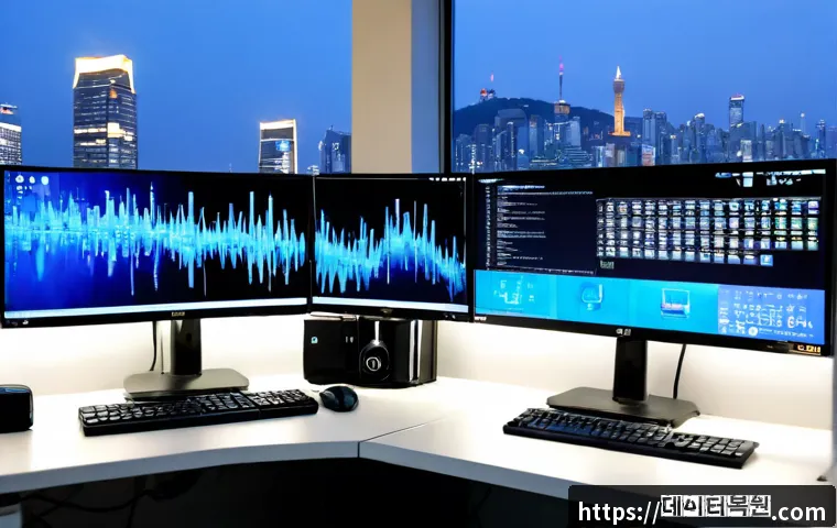 일원동 WIN32K_POWER_WATCHDOG_TIMEOUT - Photorealistic IT support workstation in a compact Seoul apartment office, dual monitors showing a f...