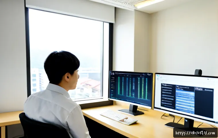 공평동 STATUS_DEVICE_OFFLINE - Photorealistic IT support workstation in a compact Gongpyeong-dong office, dual monitors showing a c...
