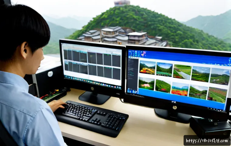 홍파동 POOL_CORRUPTION_IN_FILE_AREA - Photorealistic remote IT support workstation in a compact Seoul office, dual monitors showing abstra...