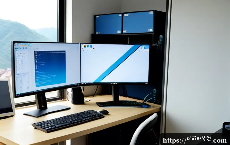 경기광주 all boot options are tried - Photorealistic IT support workstation in a small Gyeonggi Gwangju design studio, dual monitors showi...