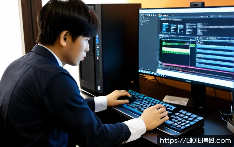 제기동 STATUS_KERNEL_MODULE_FAILURE - Photorealistic IT support workstation in a compact Jegi-dong office, desktop monitor showing a blank...