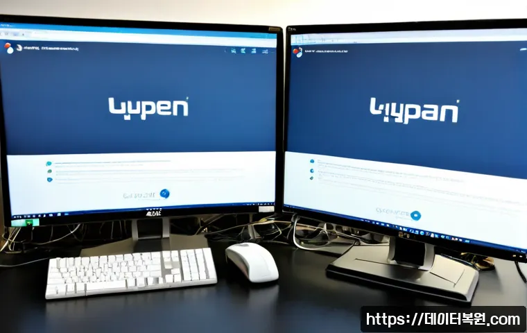 용산구 STATUS_NETWORK_ACCESS_DENIED - Photorealistic IT support workstation in Yongsan, Seoul, dual monitors showing a blank secure worksp...