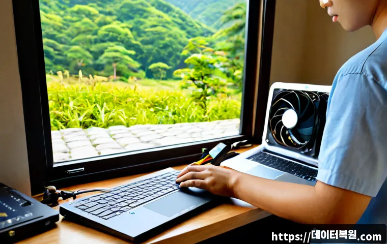 가평군 노트북 laptop 출장방문수리점 - Photorealistic onsite laptop repair in a bright countryside home office near forested hills, skilled...