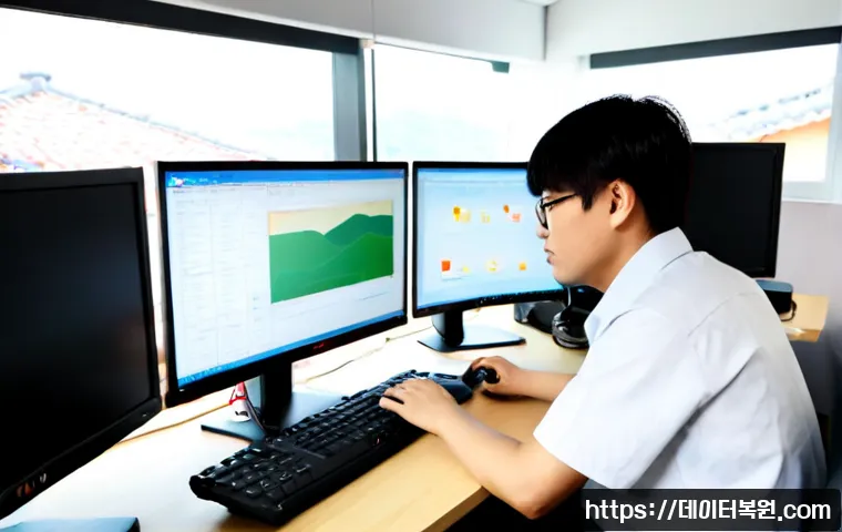 관훈동 윈도우10 windows10 재설치 포맷  초기화 - Photorealistic IT support workstation in a compact Gwanhun-dong office, desktop PC connected to dual...