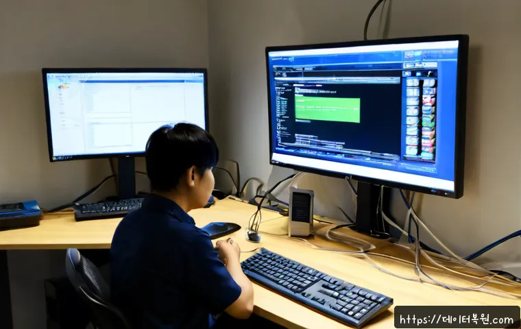 수하동 KERNEL_SECURITY_CHECK_FAILURE - Photorealistic IT support workstation in a compact Euljiro-style office near Supyo Bridge, dual moni...