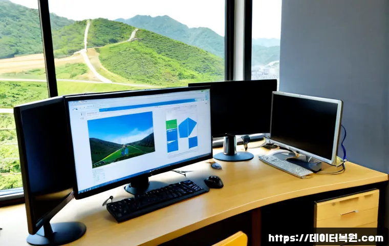 인헌동 KERNEL_MODE_HEAP_CORRUPTION - Photorealistic IT support workstation in a compact Seoul apartment office, dual monitors showing abs...