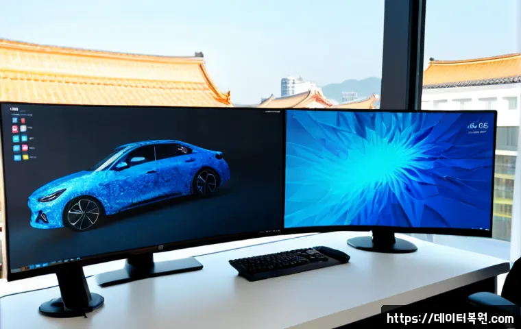 운니동 PAGE_TABLE_CORRUPT - Photorealistic remote-support workstation in a quiet Unni-dong office, dual monitors showing abstrac...