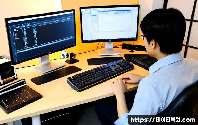 합정동 HARDWARE_FAILURE - Photorealistic IT support workstation in a compact Hapjeong-dong creative studio, desktop tower open...